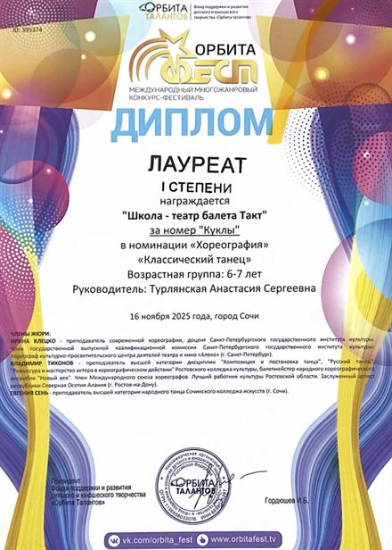 Диплом ученицы Школы-театра балета «Такт» № 2