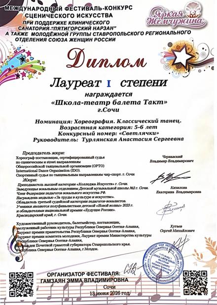 Диплом ученицы Школы-театра балета «Такт» № 11