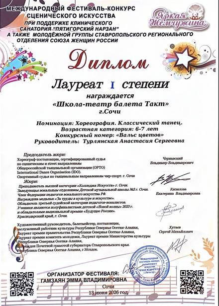 Диплом ученицы Школы-театра балета «Такт» № 14