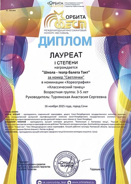 Диплом ученицы Школы-театра балета «Такт» № 18